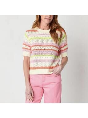 St. John's Bay Women's Cotton Cottagecore Pastel Stripe Short Sleeve Sweater, L